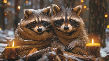 a couple of raccoons sitting next to each other on top of a pile of snow next to a lit candle.