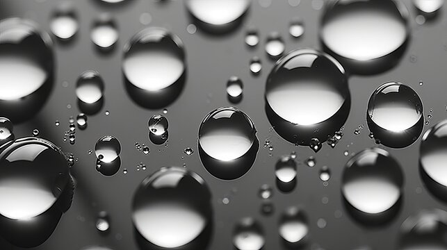 Water drops bead on a water-repellent surface, captured in black and white.