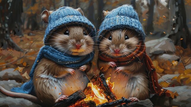 a painting of two mice sitting next to each other near a campfire with a blue hat and scarf on.
