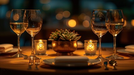 a close up of a table with wine glasses and a plate with a succulent plant in the middle.