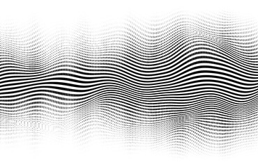 Abstract vector flowing wave design. Trendy halftone effect with tonal gradation made by horizontal stripes and dotted halftone pattern. Graphic black and white backdrop