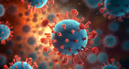 Macro photo detailed image of the Influenza virus, Covid-19 Omicron on a blue background. Microbiology, microscopic image of a blue with red spikes AIDS virus, HIV on a background with copy space - obrazy, fototapety, plakaty