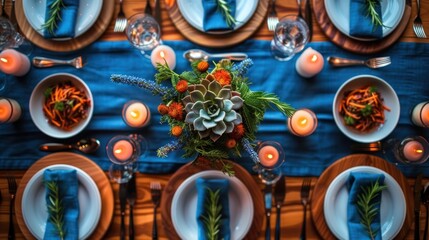 a table is set with a blue table cloth and a centerpiece with succulents, candles, and succulents.
