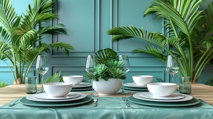 a table set with plates, cups, and saucers with a green plant in the middle of the table. - obrazy, fototapety, plakaty