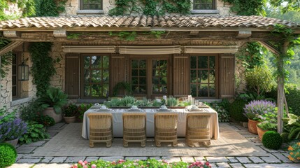 a patio with a table, chairs, and potted plants in front of a house with a stone roof.
