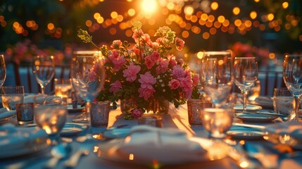 a close up of a table with a vase of flowers on top of a table with plates and silverware. - obrazy, fototapety, plakaty
