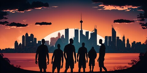 A Colorful Illustration Depicting a Group of City Boys Donning Basketball Attire, Their Silhouettes Set Against the Majestic Skyscrapers of the Urban Landscape, with the Serene Sea at Sunset 