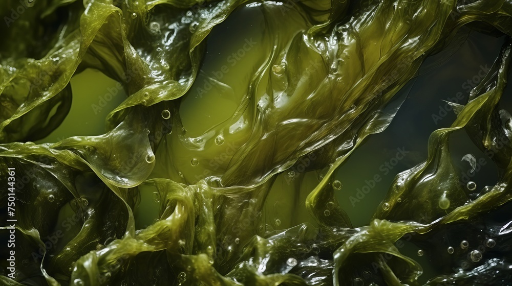 Wall mural Wet seaweed kelp texture is depicted in extreme close-up, forming a mesmerizing macro shot against a textured background.