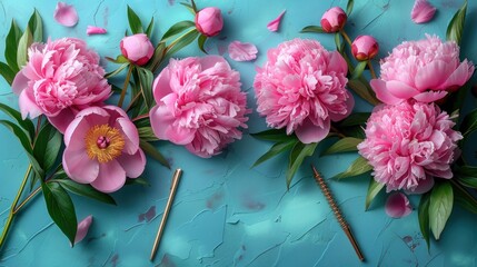 a group of pink flowers sitting on top of a blue table next to a pair of knitting needles and a pair of scissors. - obrazy, fototapety, plakaty