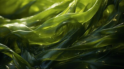 Wet seaweed kelp texture is depicted in extreme close-up, forming a mesmerizing macro shot against a textured background.