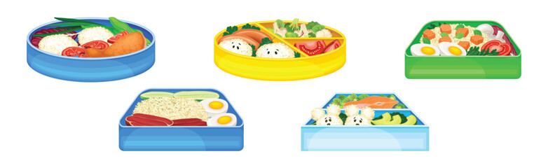 Bento Box as Japanese Container with Cooked Lunch Vector Set