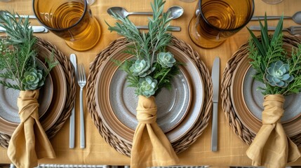 a close up of a place setting with plates and napkins with flowers and succulents on them. - obrazy, fototapety, plakaty