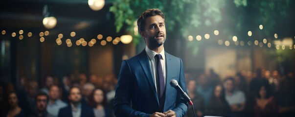 Businessman in suit delivers speech to crowd from stage at conference. Concept Business Presentation, Public Speaking, Conference Speech, Professional Attire, Audience Engagement - obrazy, fototapety, plakaty