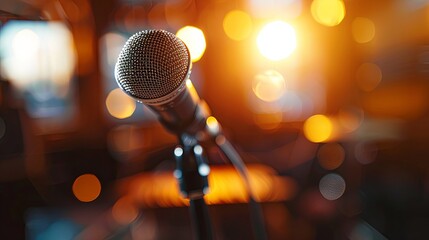 Close-up of a microphone on stage in the soft spotlight. Concept of public speaking. Come and sing karaoke. Illustration for cover, banner, poster, brochure, advertising, marketing or presentation. - 750144748