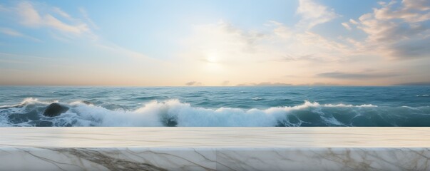 Elegant marble podium by the sea offers picturesque backdrop in high resolution. Concept Outdoor Photoshoot, Elegant Setting, Marble Podium, Seaside View, High Resolution