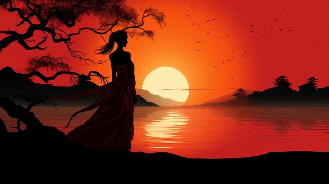 A mysterious Oriental woman silhouette against a sunset backdrop adds an enchanting touch to any setting.