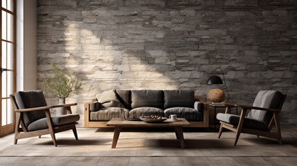 A modern living room with a sleek black sofa, a rustic wooden coffee table, and a pair of armchairs upholstered in sustainable fabric