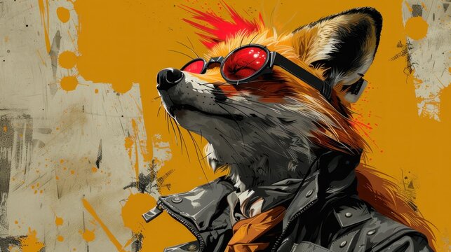 a painting of a fox wearing sunglasses and a leather jacket with a red mohawk on it's head and a yellow background.