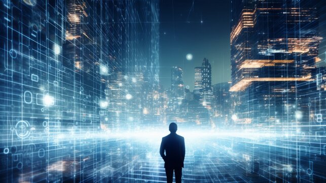 Businessman's Silhouette in the Futuristic Office: Dynamic World in Blue and Orange