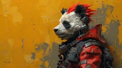 a white and black dog wearing a red and black outfit with spikes on it's head and a yellow wall behind it.