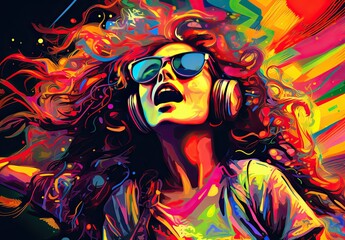 Portrait of a woman wearing headphones in watercolor style. The girl is listening to music and singing. The concept of expressing bright joyful emotions. Energy of youth and enjoyment of life. - obrazy, fototapety, plakaty