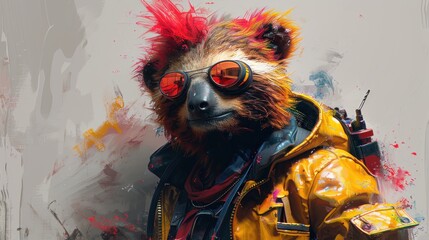 a painting of a grizzly bear wearing a yellow jacket and red goggles with a cigarette in his mouth.