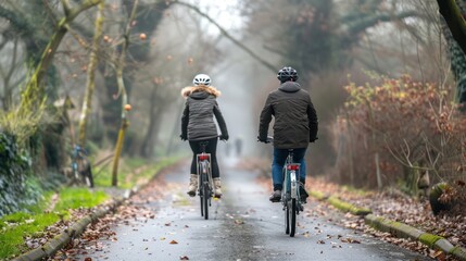 A young husband and wife exercise together, riding bicycles with safety helmets on a spring morning - obrazy, fototapety, plakaty