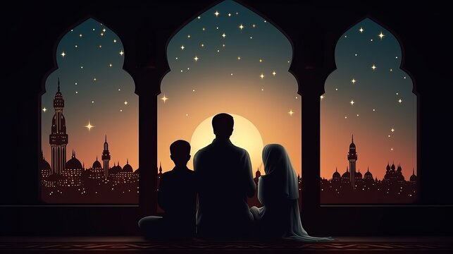 A Ramadan Kareem greeting depicts a family at a window, observing the Islamic city skyline with mosque silhouettes and crescent moon.