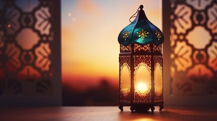 Ramadan Kareem greeting card, invitation mockup scene. Colorful glowing dark Moroccan lantern. White table in sunrise, sunset light, long window shadow. Iftar dinner. Eid ul Adha background. Top view - obrazy, fototapety, plakaty