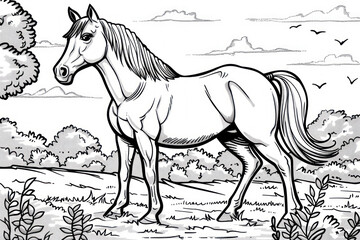 Majestic horse standing in detailed pencil lllustration