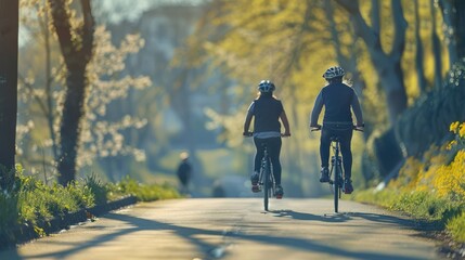 A couple exercise together, riding bicycles with safety helmets on a spring morning - obrazy, fototapety, plakaty