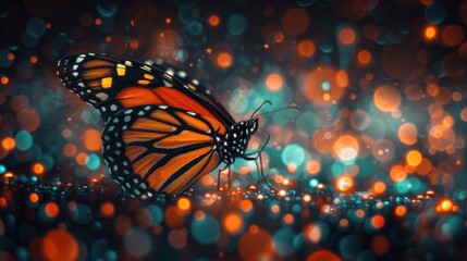 a close up of a monarch butterfly on a blurry background with boke of lights in the foreground.