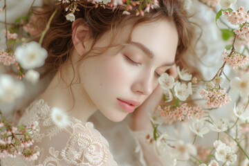 Beautiful young girl with closed eyes posing with pinky white flower branches of blooming tree in spring. Spring photoshoot portrait