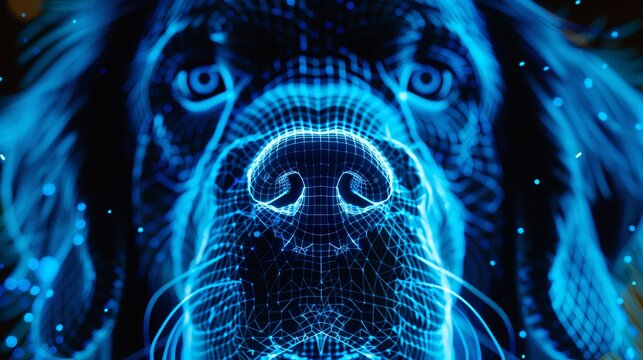 Close-up of dog's face in grid style. Pet's face as a polygonal computer image. Animal with face recognition grid. Illustration for cover, card, interior design, poster, brochure or presentation.