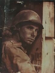 Fototapeta premium Pictures of soldiers from the past, capturing a vintage, old-school essence with tranquil colors reminiscent of Polaroid photos, evoking nostalgia. 