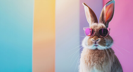 An Easter bunny sporting sunglasses poses against a colored pastel background