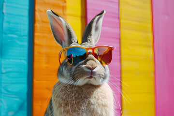 An Easter bunny wearing sunglasses stands against a vibrant colored background