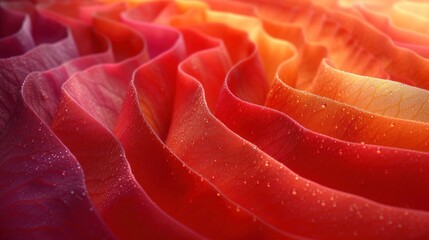 a close up of a red flower with water droplets on it's petals and the petals are orange, red, yellow, and pink.