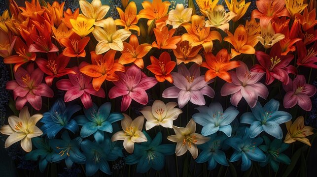 a close up of a bunch of flowers with many colors of flowers in front of a black background with a reflection of the flowers in the center of the picture.