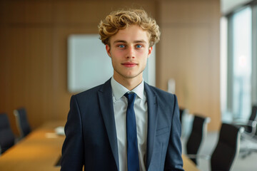 portrait of young caucasian man with black hair and blue eyes dressed in corporate business wear, suit, standing confidently in the board meeting room. High quality photo - Powered by Adobe