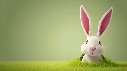 Cute white cartoon Easter bunny peeking out of a hole in the grass on a green background - obrazy, fototapety, plakaty