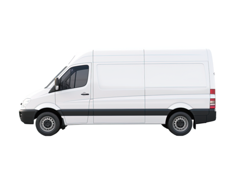 Delivery white van or truck with space for text isolated on white or transparent background