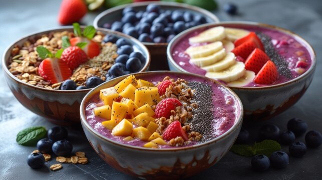 three bowls filled with fruit and granola next to a pile of blueberries, bananas, and strawberries.