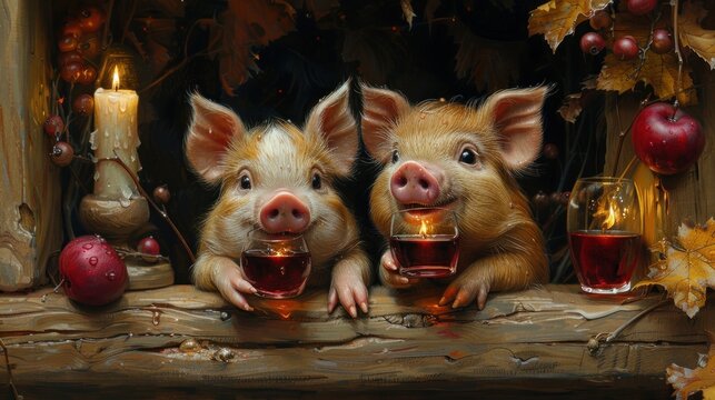 a painting of two pigs holding glasses of wine in front of a fireplace with apples and candles in the background.