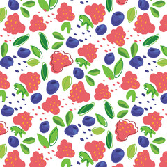 Abstract pattern blueberry and raspberry in flat style. Fresh Seamless pattern. Summer time print. For vape, juice or ice cream background.