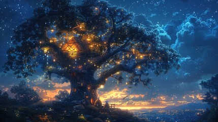 Obraz premium a painting of a tree with a lantern on it's top and a stairway leading up to the top of the tree.