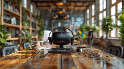 Wireless headphones on a table in a coffee shop. 3d rendering