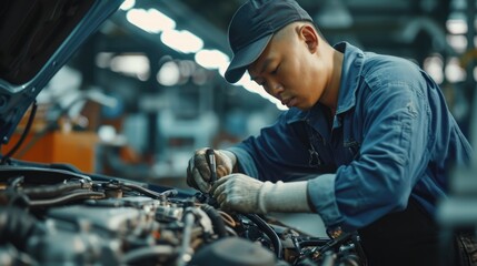 Focused and skilled, the auto repair master meticulously tends to a car engine in the foreground of the auto service, exemplifying unwavering dedication to automotive excellence.