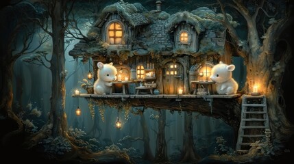 a painting of a house in the woods with two teddy bears sitting on a ledge in front of the house. - obrazy, fototapety, plakaty