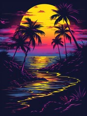 T-shirt design featuring a vividly colored, detailed Beach graphic with a synthwave aesthetic for a summer vibe